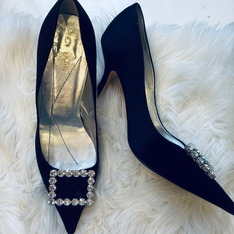 Kate Spade Glenda black satin heels with rhinestones