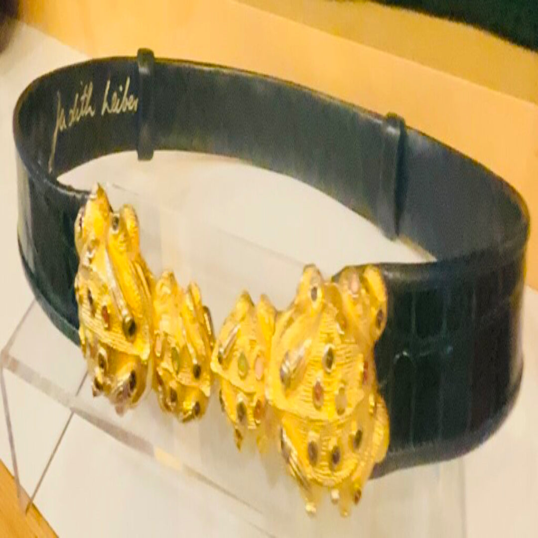 Judith Leiber vintage snakeskin expandable belt with frog closure