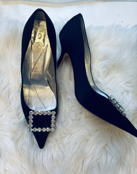 Kate Spade Glenda black satin heels with rhinestones